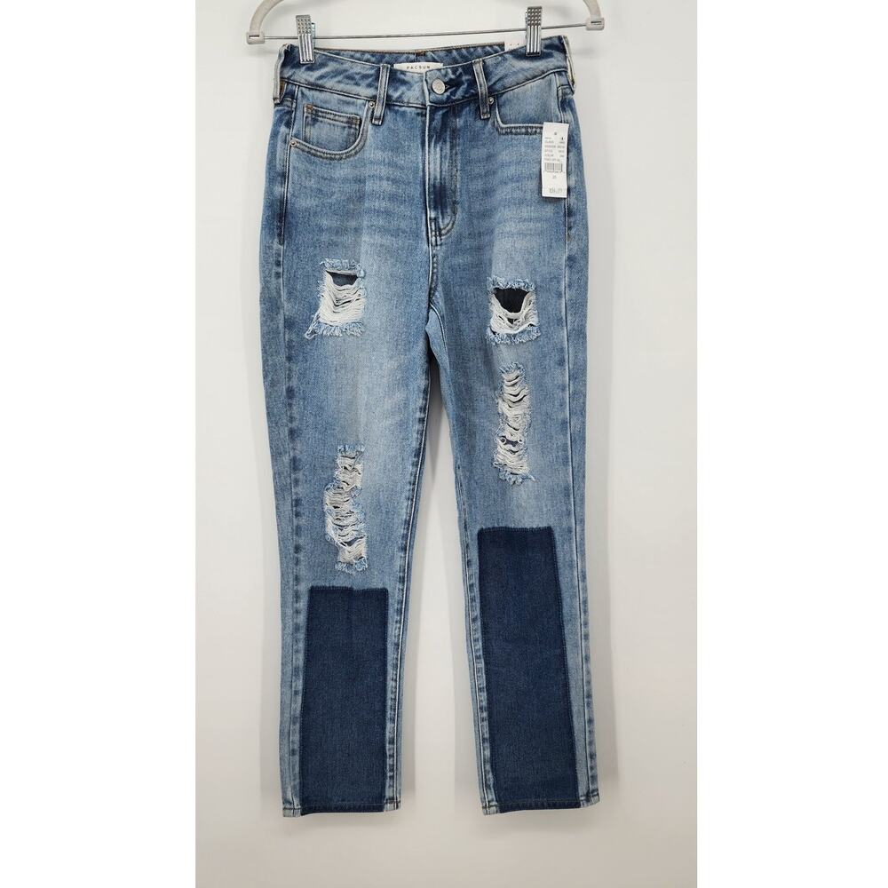 New NWT PacSun Mom Jeans In Take Off Blue Front‎ Dark Patch Destroyed Size 25